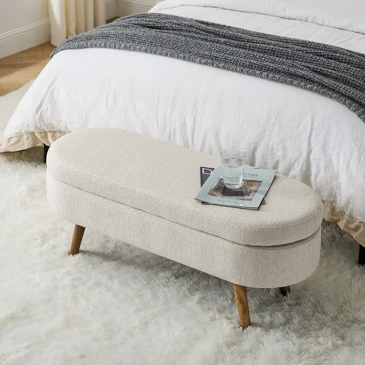 44" Beige and Brown Linen Upholstered Storage Bench with Flip Top