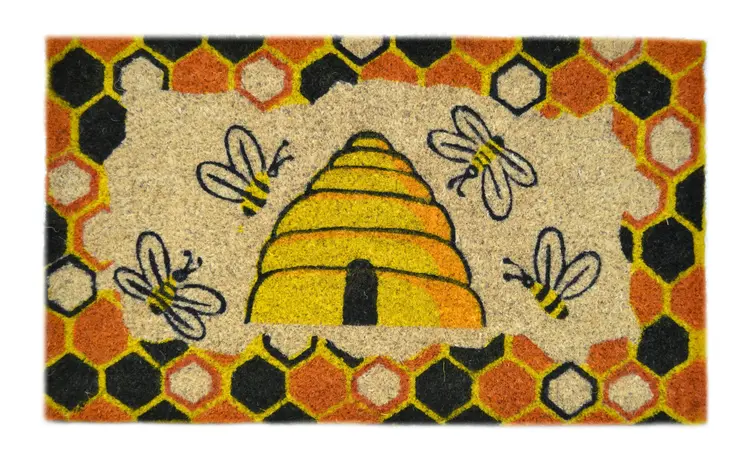 18" X 30" Beige and Orange Coir Bees Outdoor Spring Door Mat