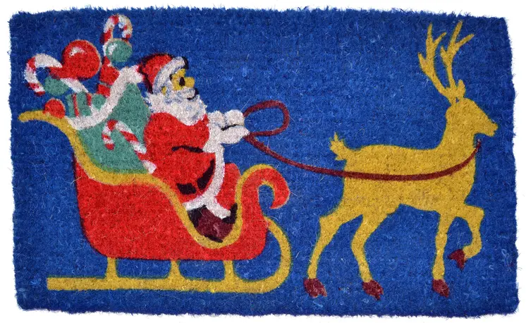 18" X 30" Blue and Yellow Coir Santa Claus Outdoor Holiday Door Mat