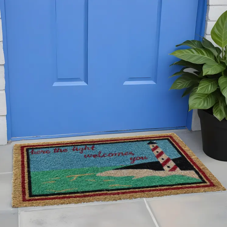 18" X 30" Brown Coir Lighthouse Here The Light Welcomes You Outdoor Door Mat