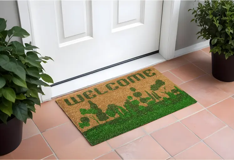 18" X 30" Beige and Green Coir Trees Welcome Outdoor Door Mat
