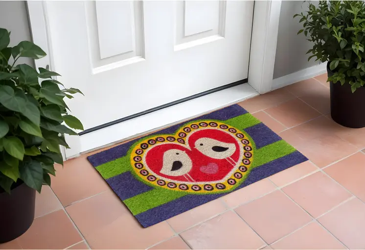 18" X 30" Red and Green Coir Heart Outdoor Door Mat