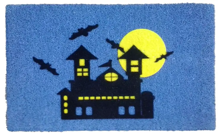 18" X 30" Blue and Black Coir Spooky House Outdoor Halloween Door Mat