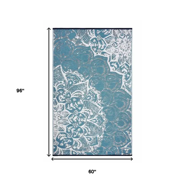 5' X 8' Teal Blue Floral Indoor Outdoor Area Rug