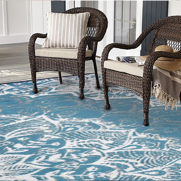8' X 10' Teal Blue Floral Indoor Outdoor Area Rug