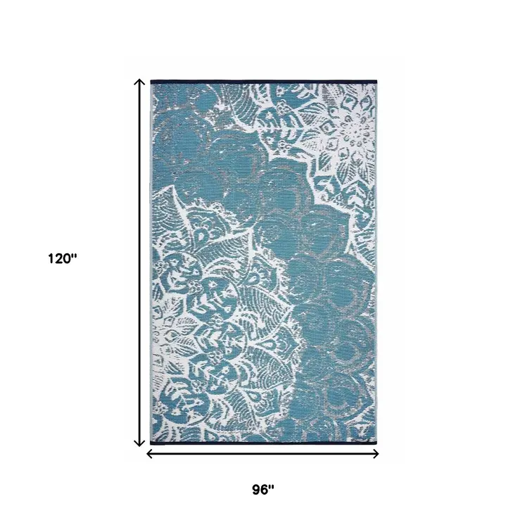 8' X 10' Teal Blue Floral Indoor Outdoor Area Rug