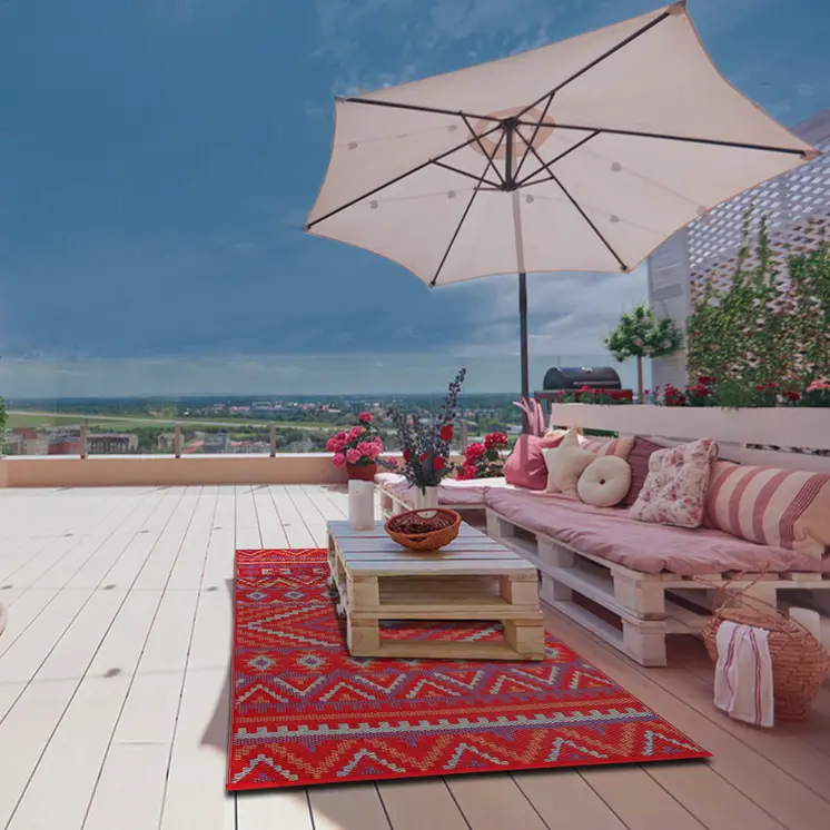 4' X 6' Red Geometric Indoor Outdoor Area Rug