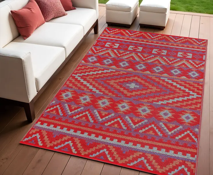 4' X 6' Red Geometric Indoor Outdoor Area Rug