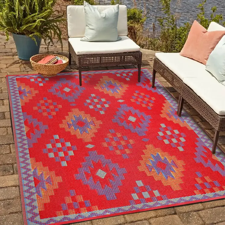3' X 5' Red Geometric Indoor Outdoor Area Rug