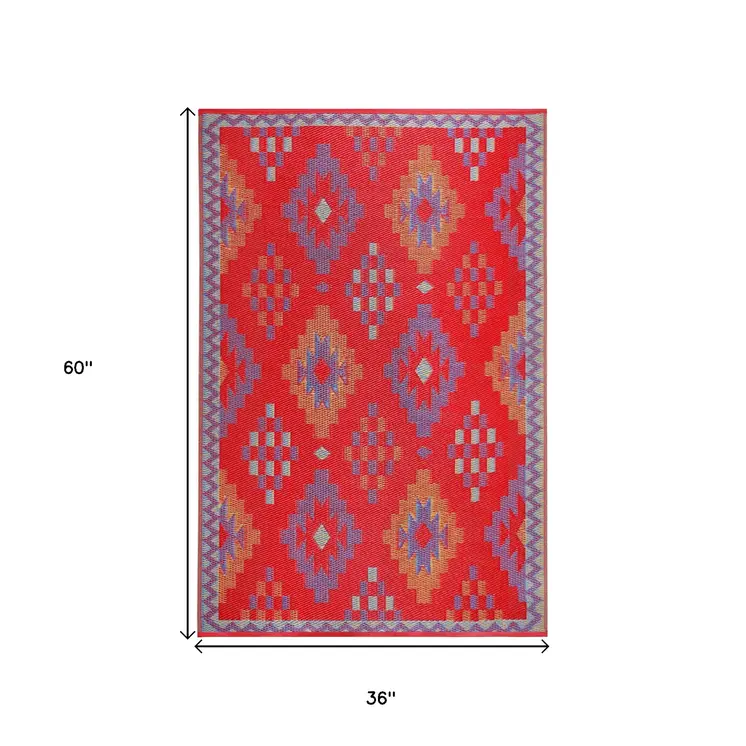 3' X 5' Red Geometric Indoor Outdoor Area Rug