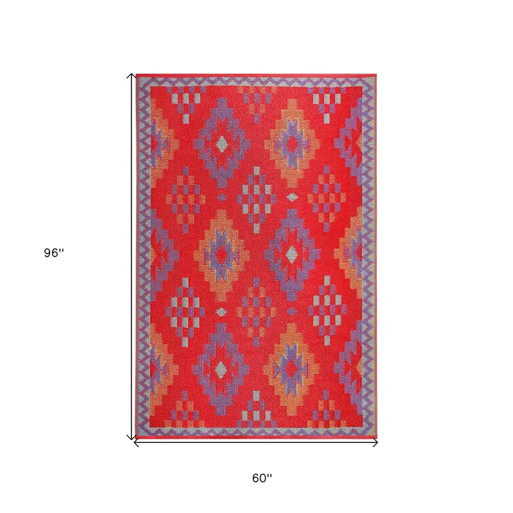 5' X 8' Red Geometric Indoor Outdoor Area Rug