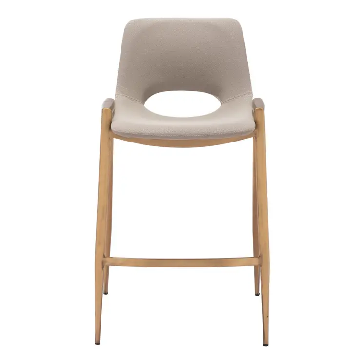 Set of Two 26" Beige And Gold Faux Leather And Steel Low Back Counter Height Bar Chairs