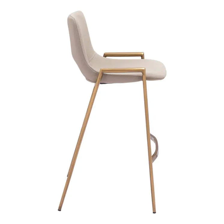 Set of Two 26" Beige And Gold Faux Leather And Steel Low Back Counter Height Bar Chairs