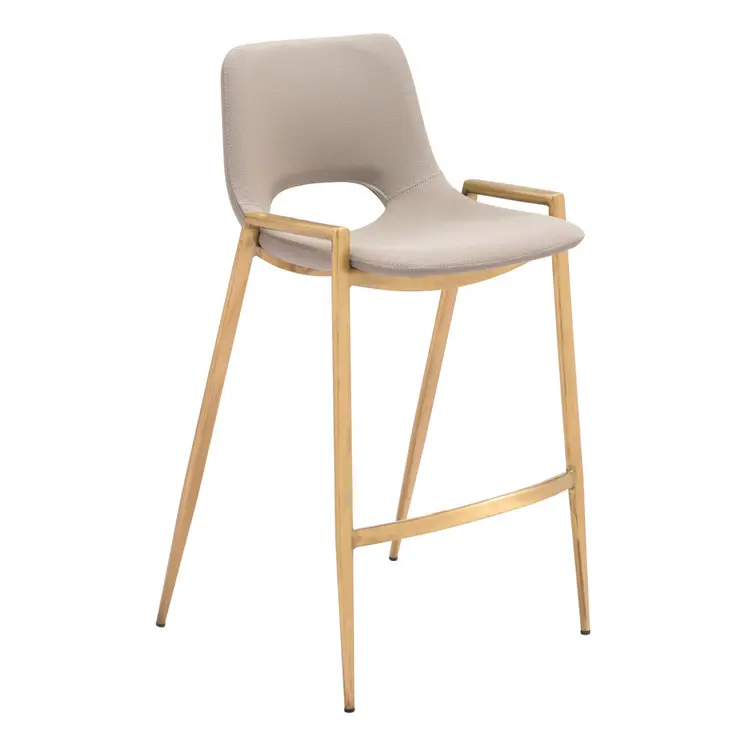 Set of Two 26" Beige And Gold Faux Leather And Steel Low Back Counter Height Bar Chairs