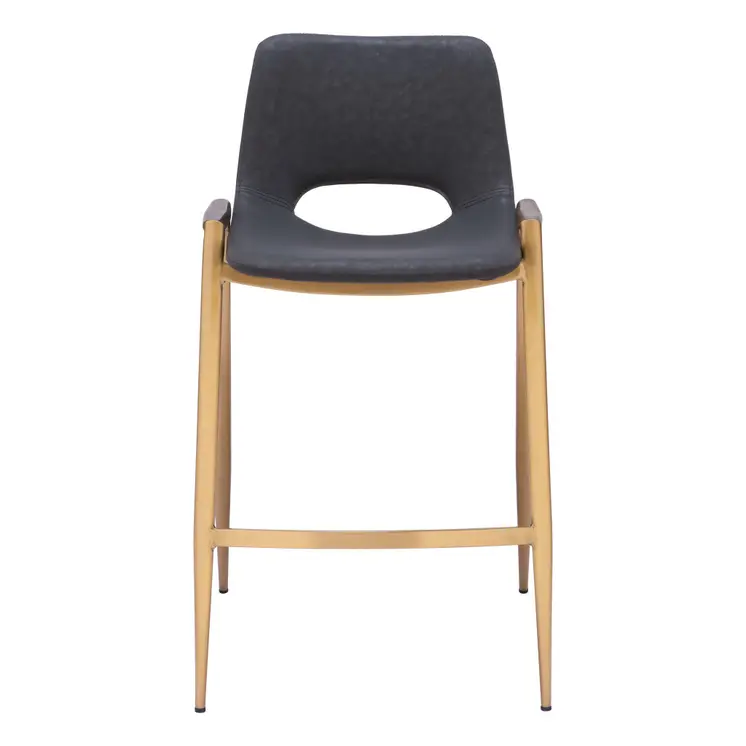 Set of Two 26" Black And Gold Faux Leather And Steel Low Back Counter Height Bar Chairs