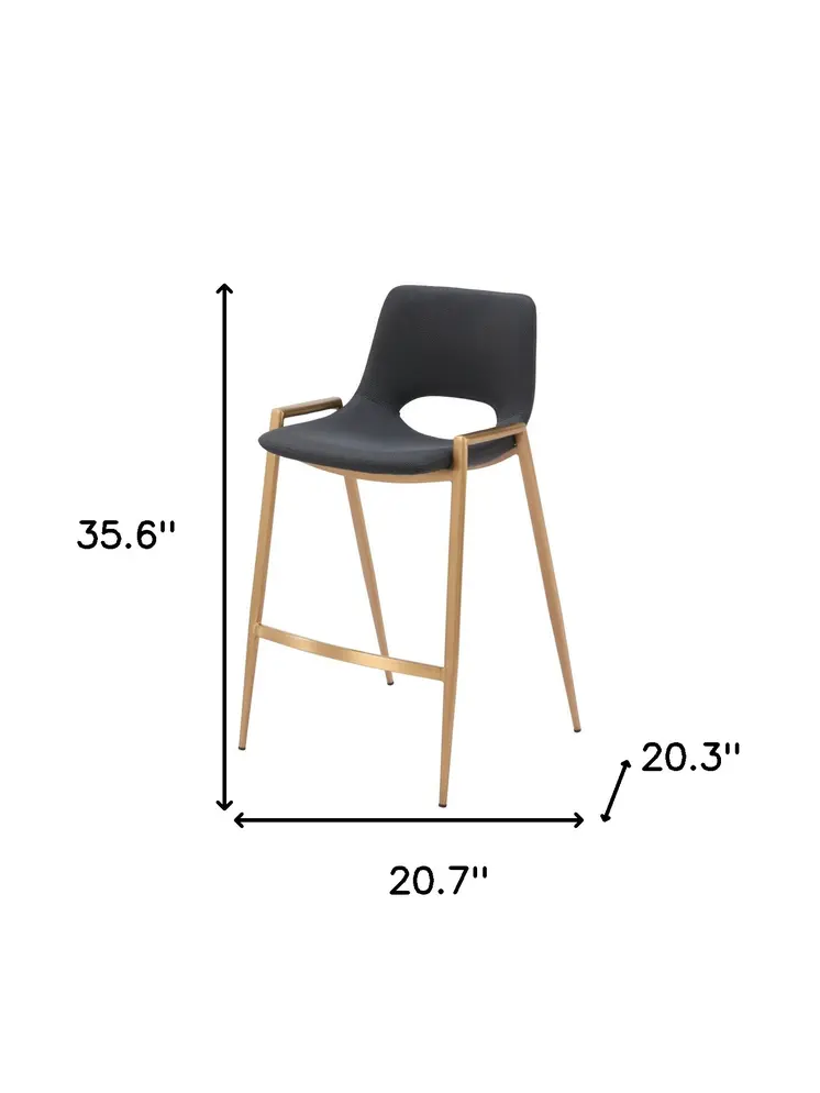 Set of Two 26" Black And Gold Faux Leather And Steel Low Back Counter Height Bar Chairs