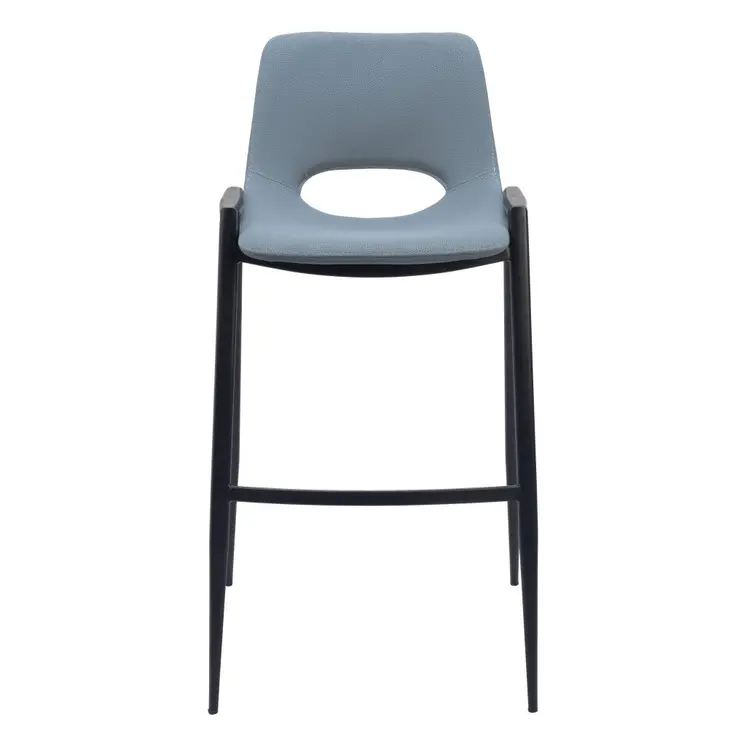 Set of Two 30" Blue And Black Faux Leather And Steel Low Back Bar Height Bar Chairs