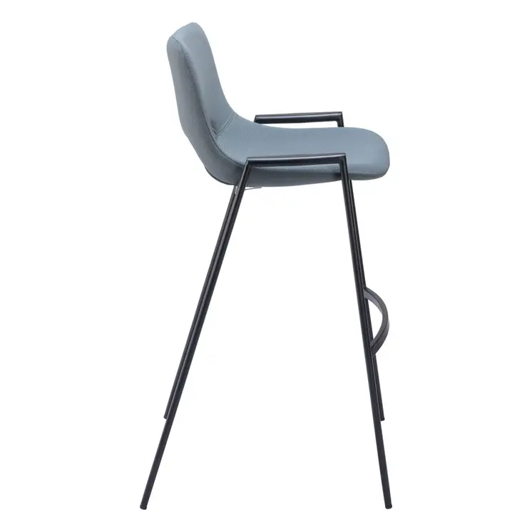 Set of Two 30" Blue And Black Faux Leather And Steel Low Back Bar Height Bar Chairs