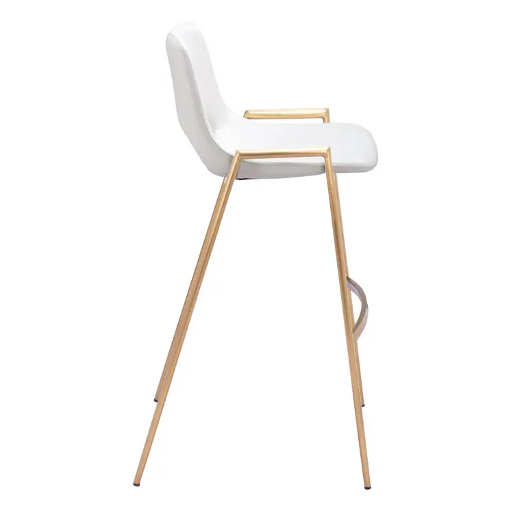 Set of Two 30" White And Gold Faux Leather And Steel Low Back Bar Height Bar Chairs