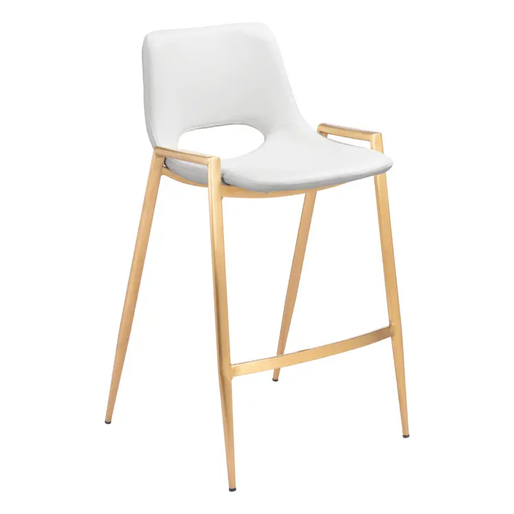 Set of Two 26" White And Gold Faux Leather And Steel Low Back Counter Height Bar Chairs