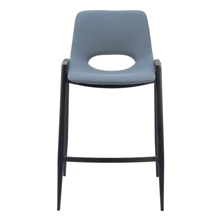 Set of Two 26" Blue And Black Faux Leather And Steel Low Back Counter Height Bar Chairs