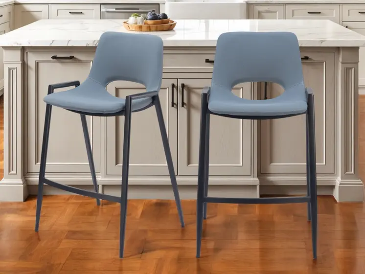 Set of Two 26" Blue And Black Faux Leather And Steel Low Back Counter Height Bar Chairs