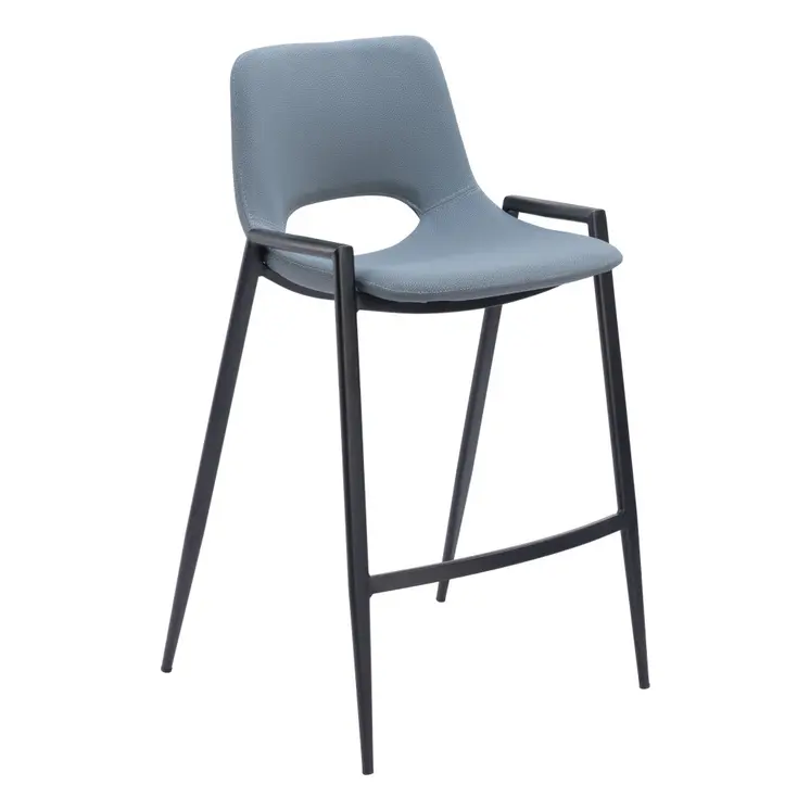 Set of Two 26" Blue And Black Faux Leather And Steel Low Back Counter Height Bar Chairs