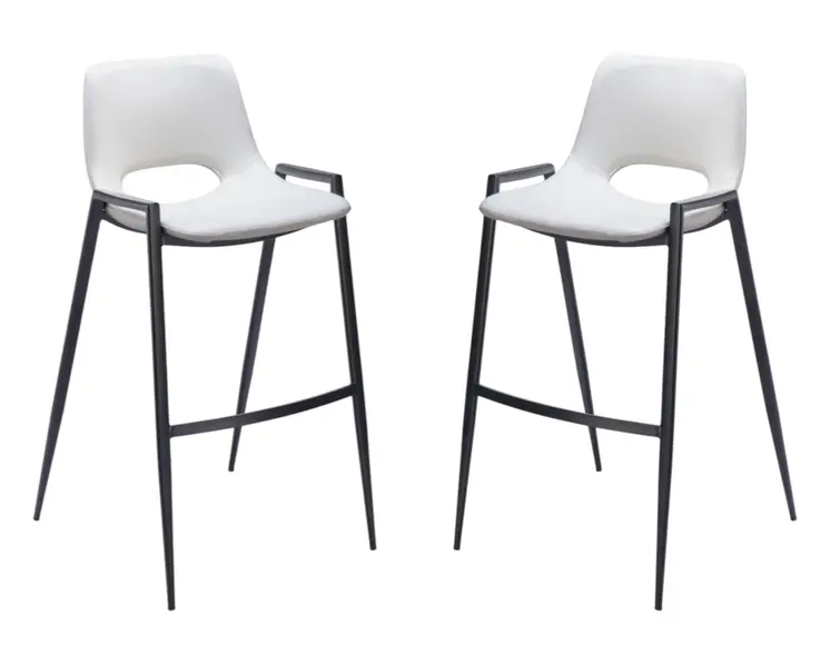 Set of Two 30" White and Black Faux Leather and Steel Low Back Bar Height Bar Chairs