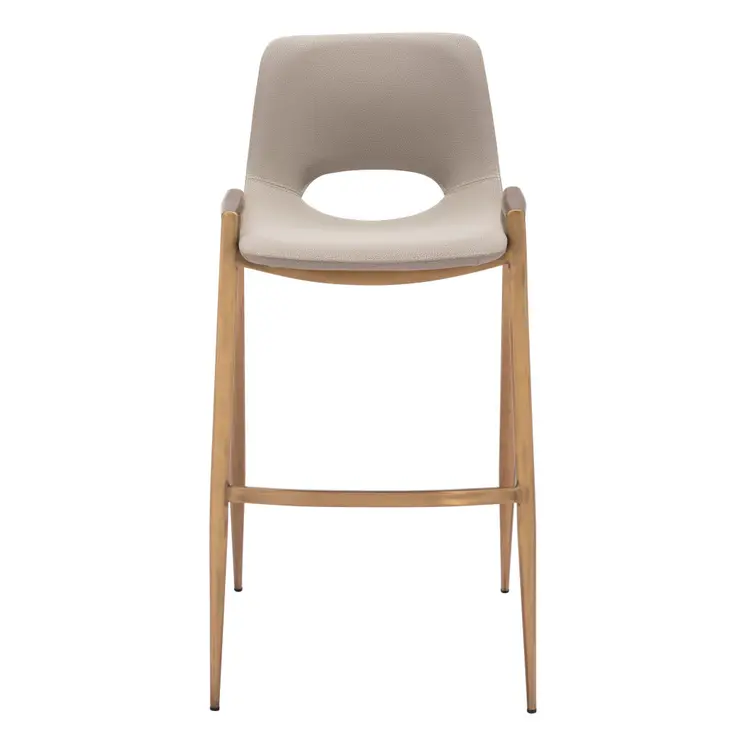 Set of Two 30" Beige And Gold Faux Leather And Steel Low Back Bar Height Bar Chairs