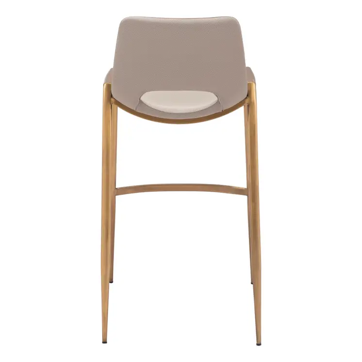 Set of Two 30" Beige And Gold Faux Leather And Steel Low Back Bar Height Bar Chairs