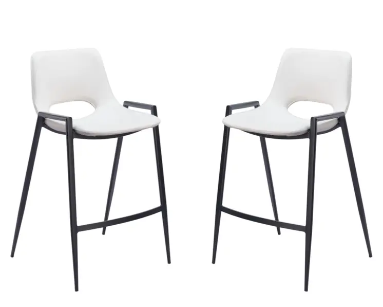 Set of Two 26" White and Black Faux Leather and Steel Low Back Counter Height Bar Chairs