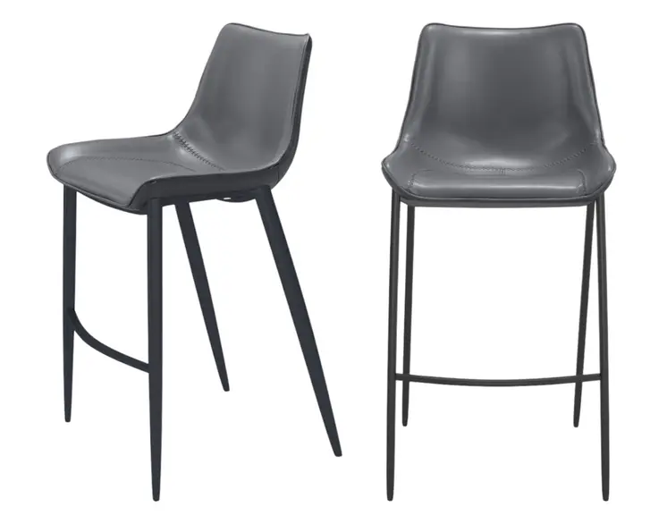 Set of Two 30" Dark Gray And Black Faux Leather And Steel Bar Height Bar Chairs