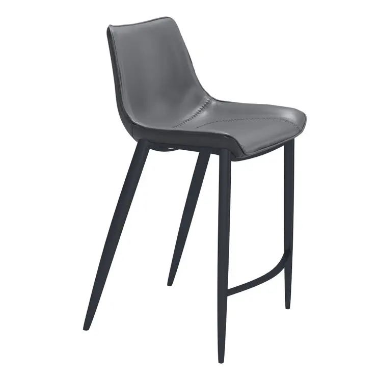 Set of Two 26" Dark Gray And Black Faux Leather And Steel Counter Height Bar Chairs