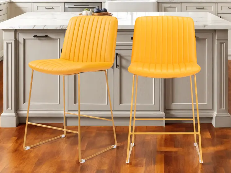 Set of Two 26" Yellow Faux Leather And Steel Counter Height Bar Chairs