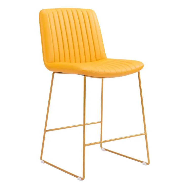 Set of Two 26" Yellow Faux Leather And Steel Counter Height Bar Chairs