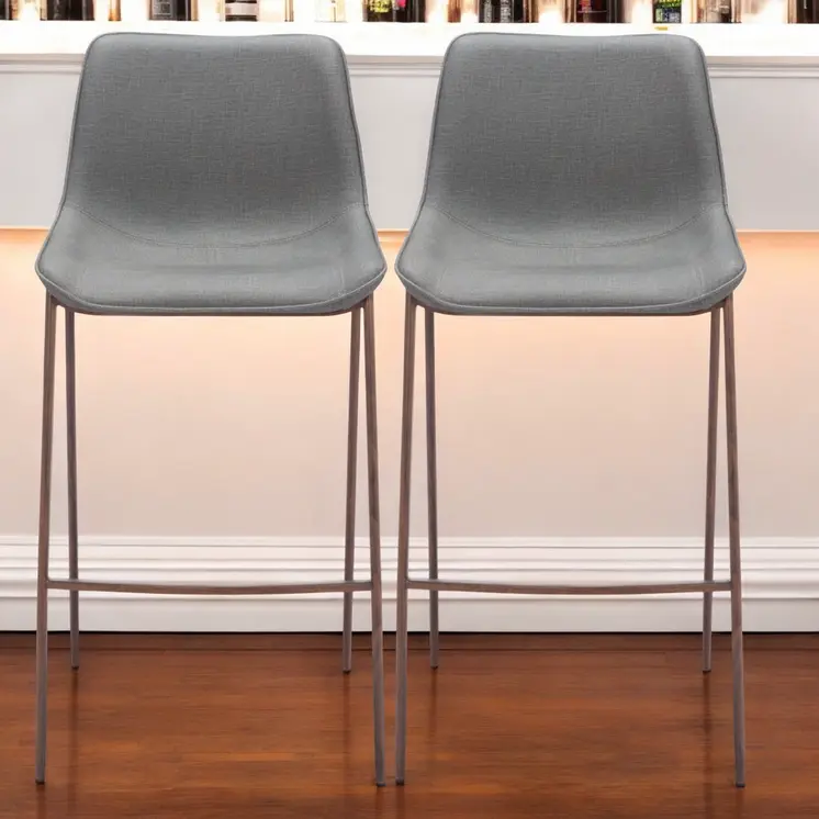 Set of Two 30" Slate Gray and Brown Faux Leather and Steel Bar Height Bar Chairs
