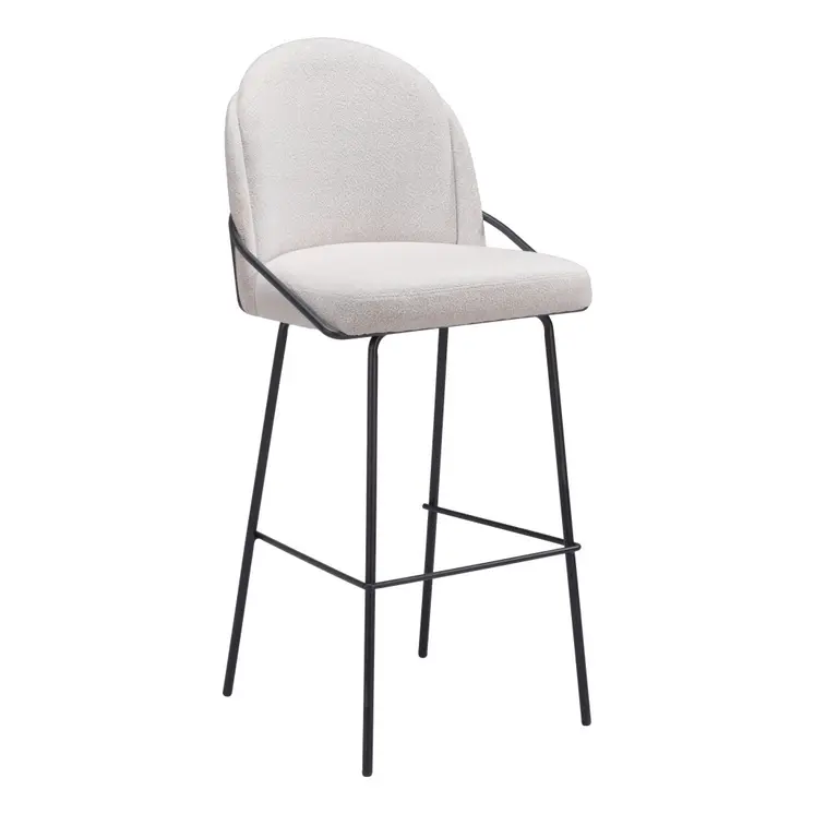 Set of Two 30" Ivory And Black Shearling And Steel Bar Height Bar Chairs