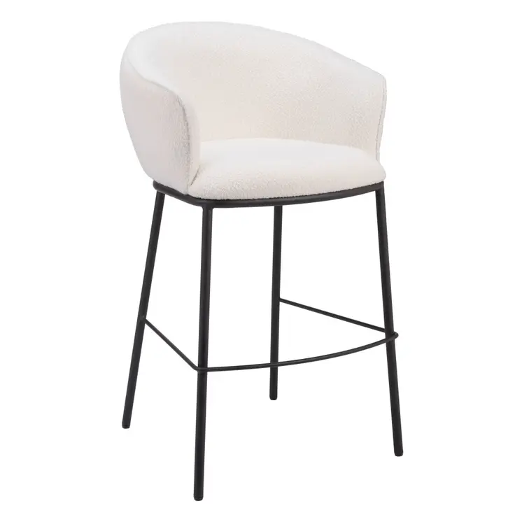 30" Ivory And Black Shearling And Steel Bar Height Bar Chair