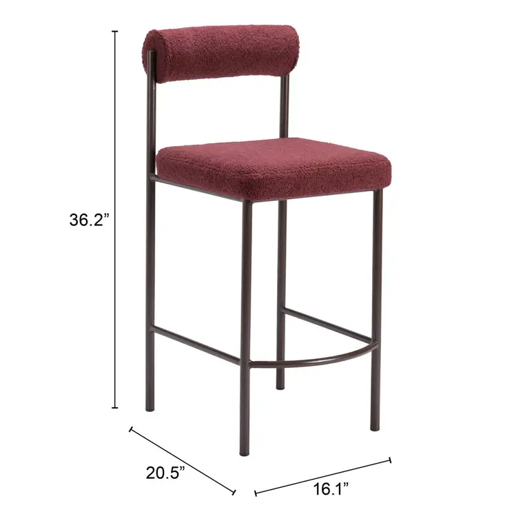 Set of Two 26" Red and Bronze Shearling and Steel Low Back Counter Height Bar Chairs
