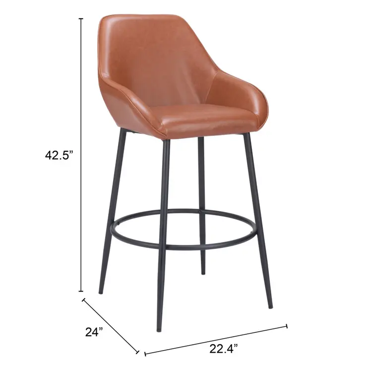 Set of Two 30" Brown And Black Faux Leather And Steel Bar Height Bar Chairs