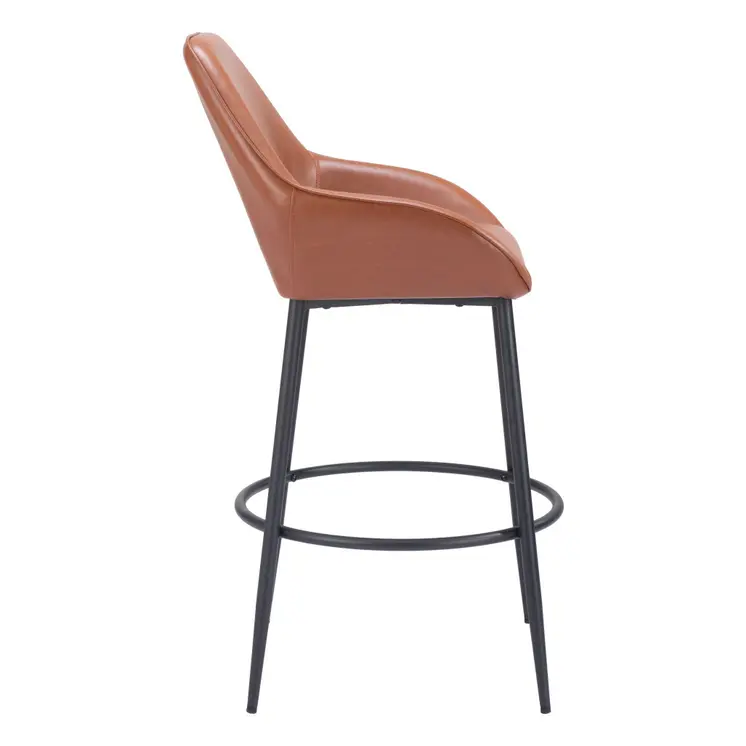 Set of Two 30" Brown And Black Faux Leather And Steel Bar Height Bar Chairs