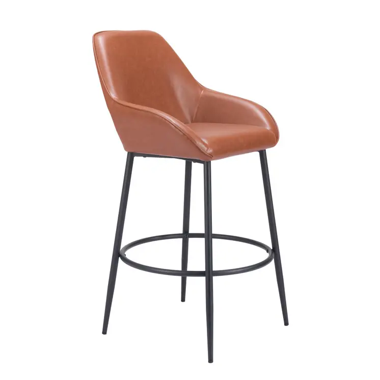 Set of Two 30" Brown And Black Faux Leather And Steel Bar Height Bar Chairs