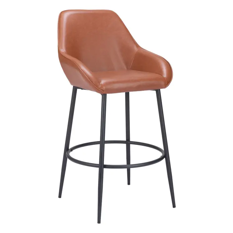 Set of Two 30" Brown And Black Faux Leather And Steel Bar Height Bar Chairs