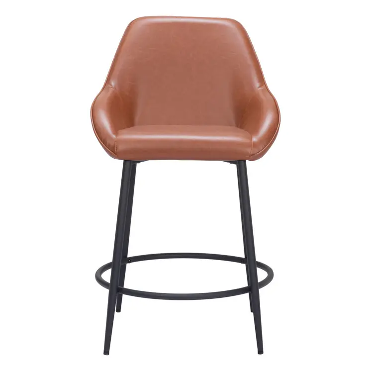 Set of Two 25" Brown And Black Faux Leather And Steel Counter Height Bar Chairs