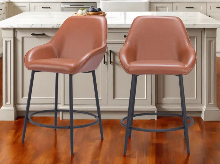 Set of Two 25" Brown And Black Faux Leather And Steel Counter Height Bar Chairs