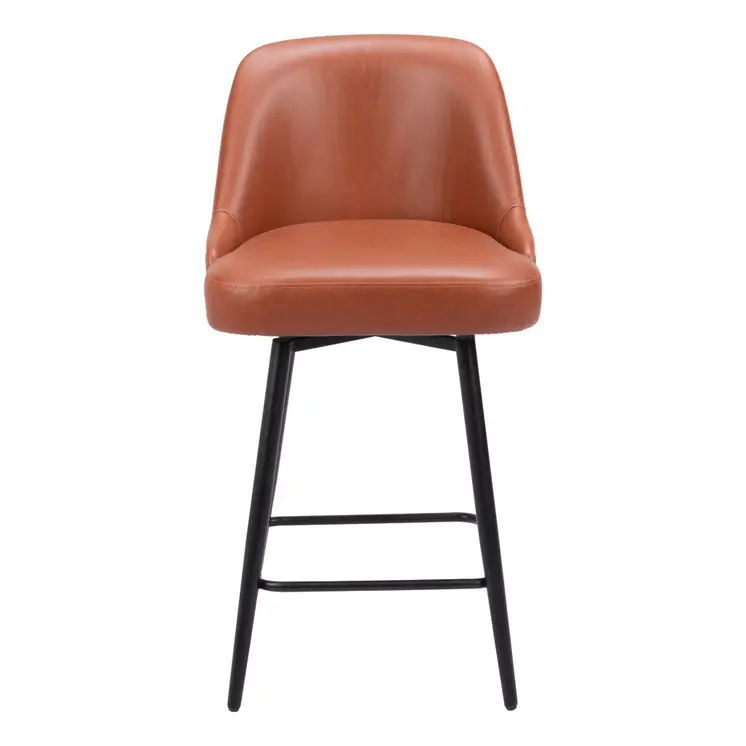 26" Brown And Black Faux Leather And Steel Counter Height Swivel Bar Chair