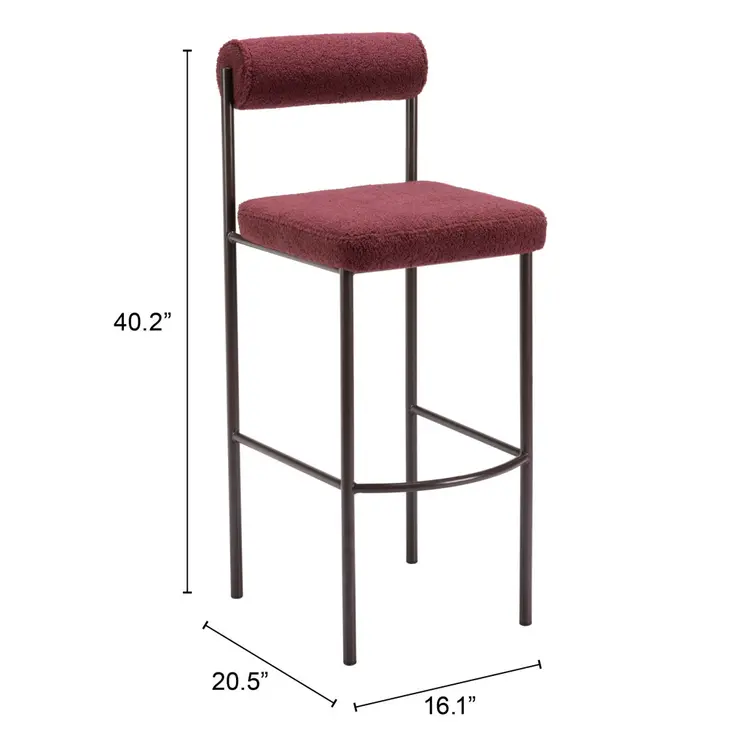 Set of Two 30" Red and Bronze Shearling and Steel Low Back Bar Height Bar Chairs