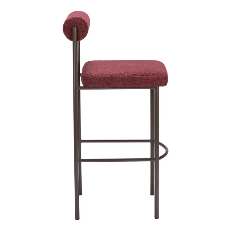 Set of Two 30" Red and Bronze Shearling and Steel Low Back Bar Height Bar Chairs