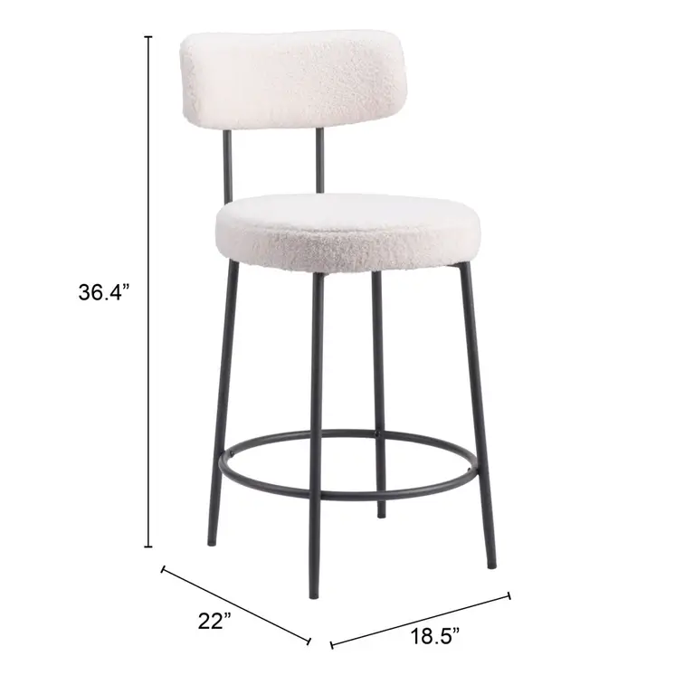 Set of Two 25" Ivory and Black Shearling and Steel Low Back Counter Height Bar Chairs