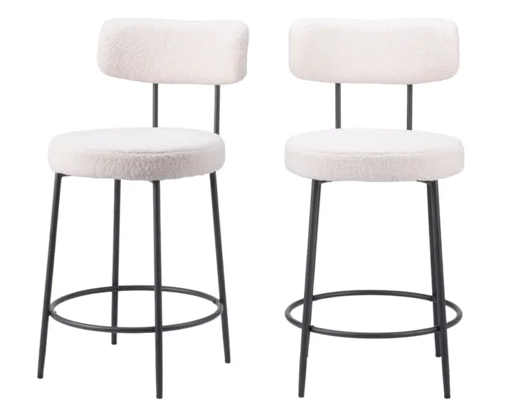 Set of Two 25" Ivory and Black Shearling and Steel Low Back Counter Height Bar Chairs